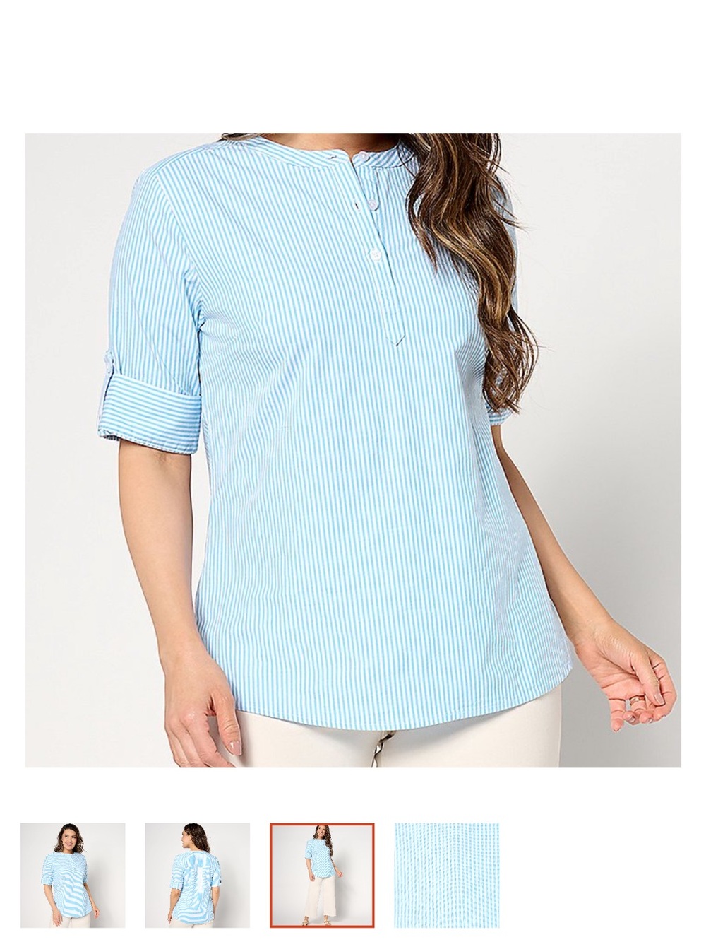 Denim&Co Light Blue Striped Roll-Tab Henley Tunic